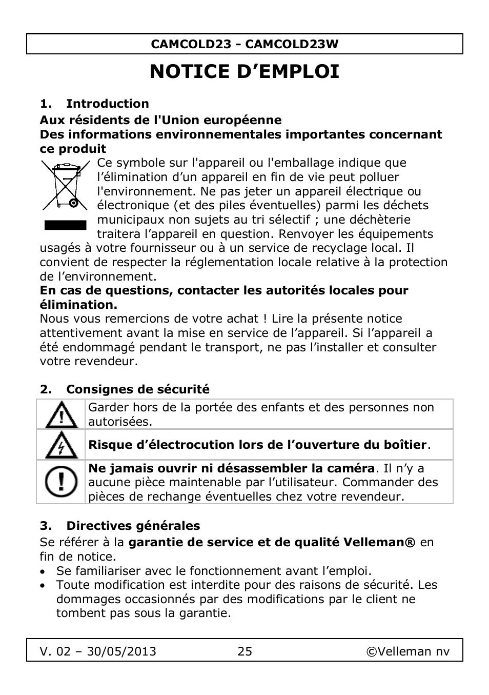 Notice d’emploi, Introduction, Consignes de sécurité | Directives générales | Velleman CAMCOLD23 User Manual | Page 25 / 64