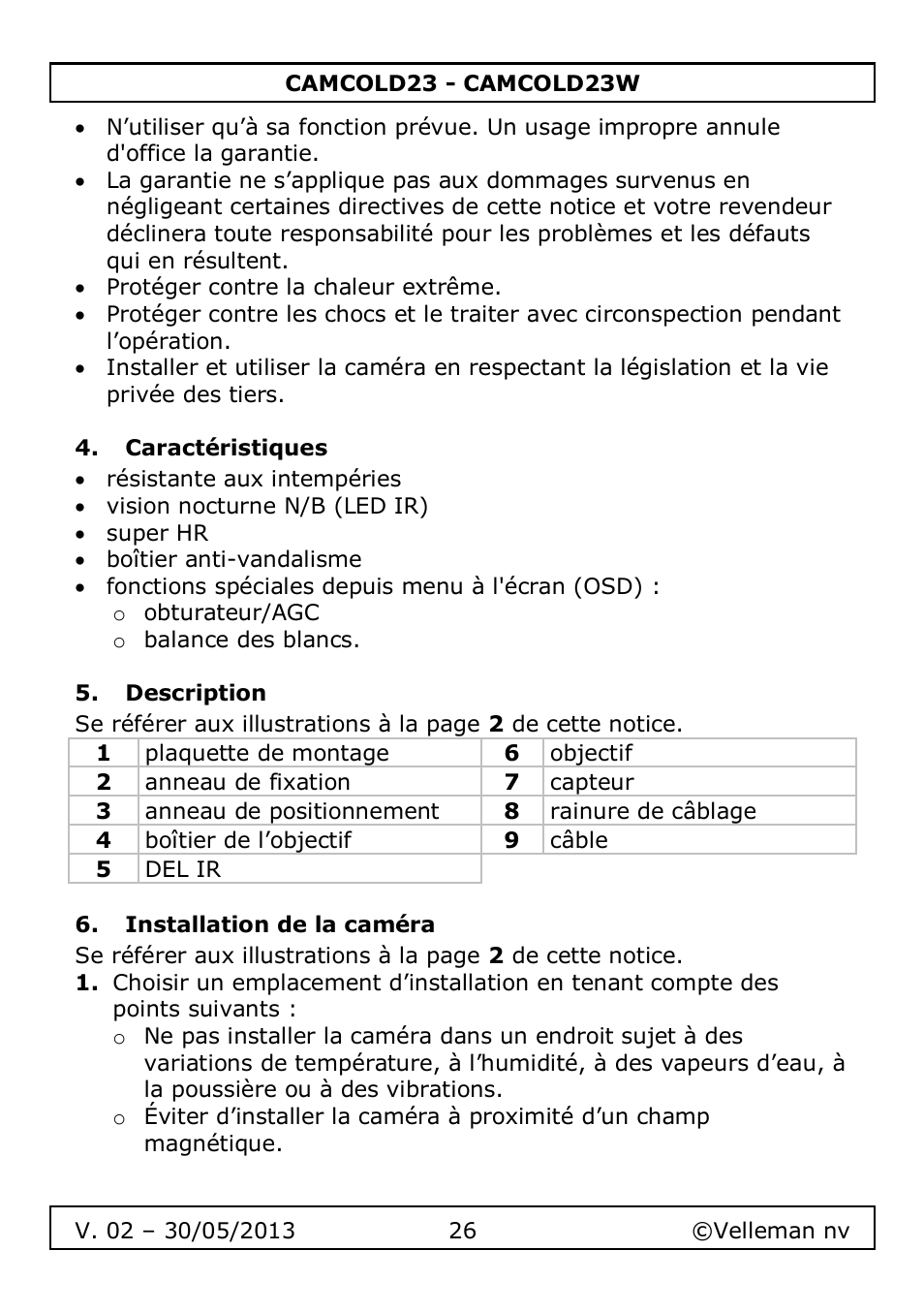 Caractéristiques, Description, Installation de la caméra | Velleman CAMCOLD23 User Manual | Page 26 / 64