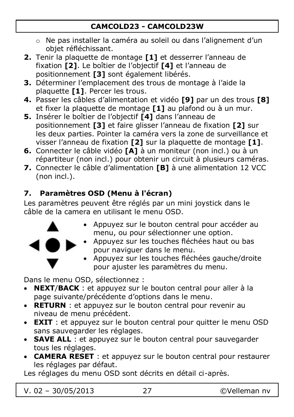 Paramètres osd (menu à l'écran) | Velleman CAMCOLD23 User Manual | Page 27 / 64