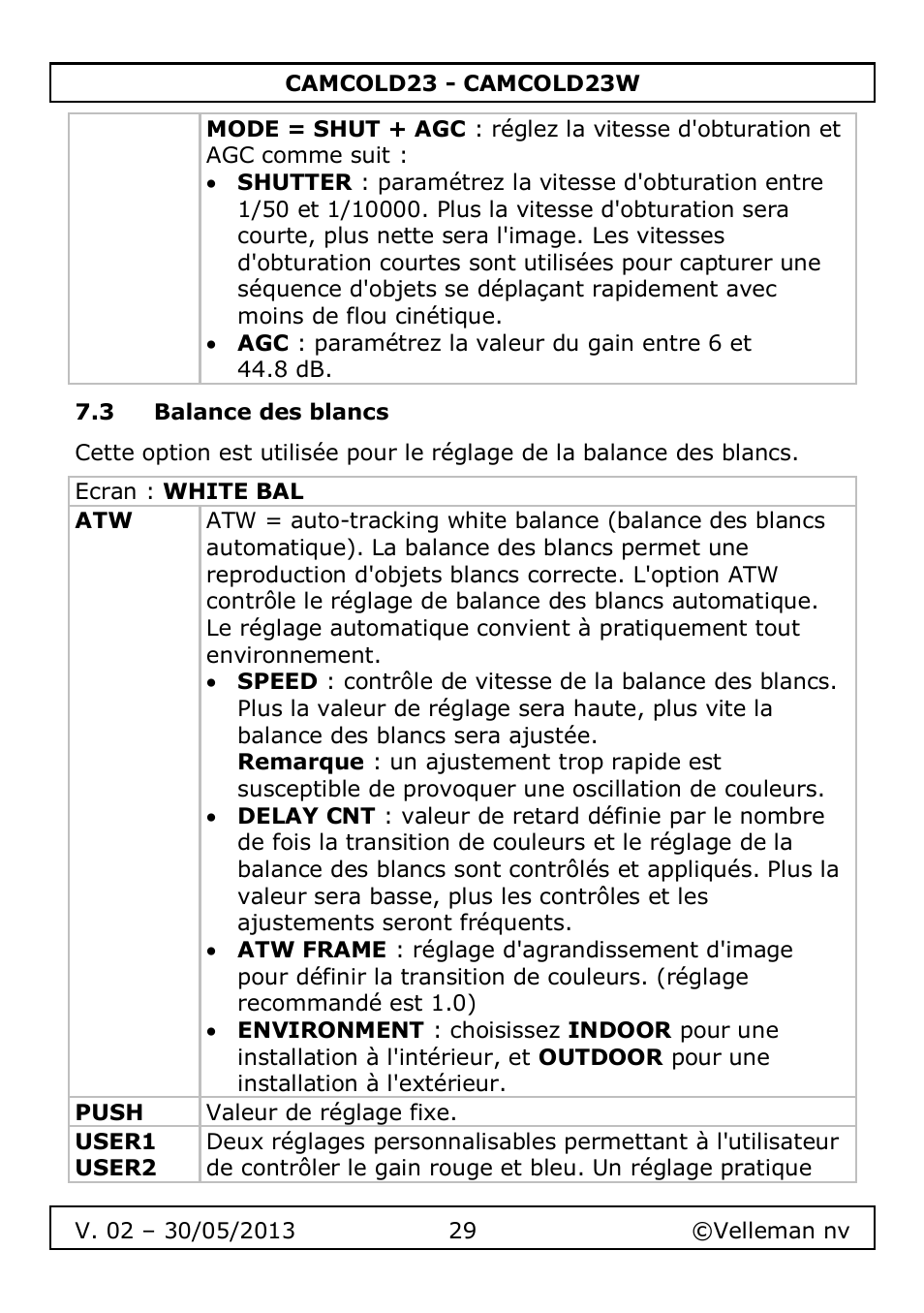 3 balance des blancs | Velleman CAMCOLD23 User Manual | Page 29 / 64