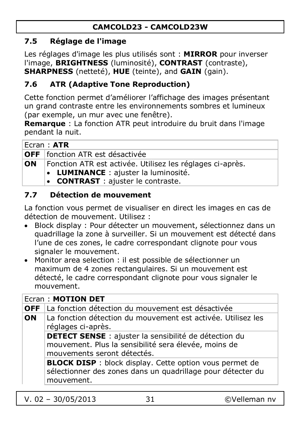 5 réglage de l'image, 6 atr (adaptive tone reproduction), 7 détection de mouvement | Velleman CAMCOLD23 User Manual | Page 31 / 64