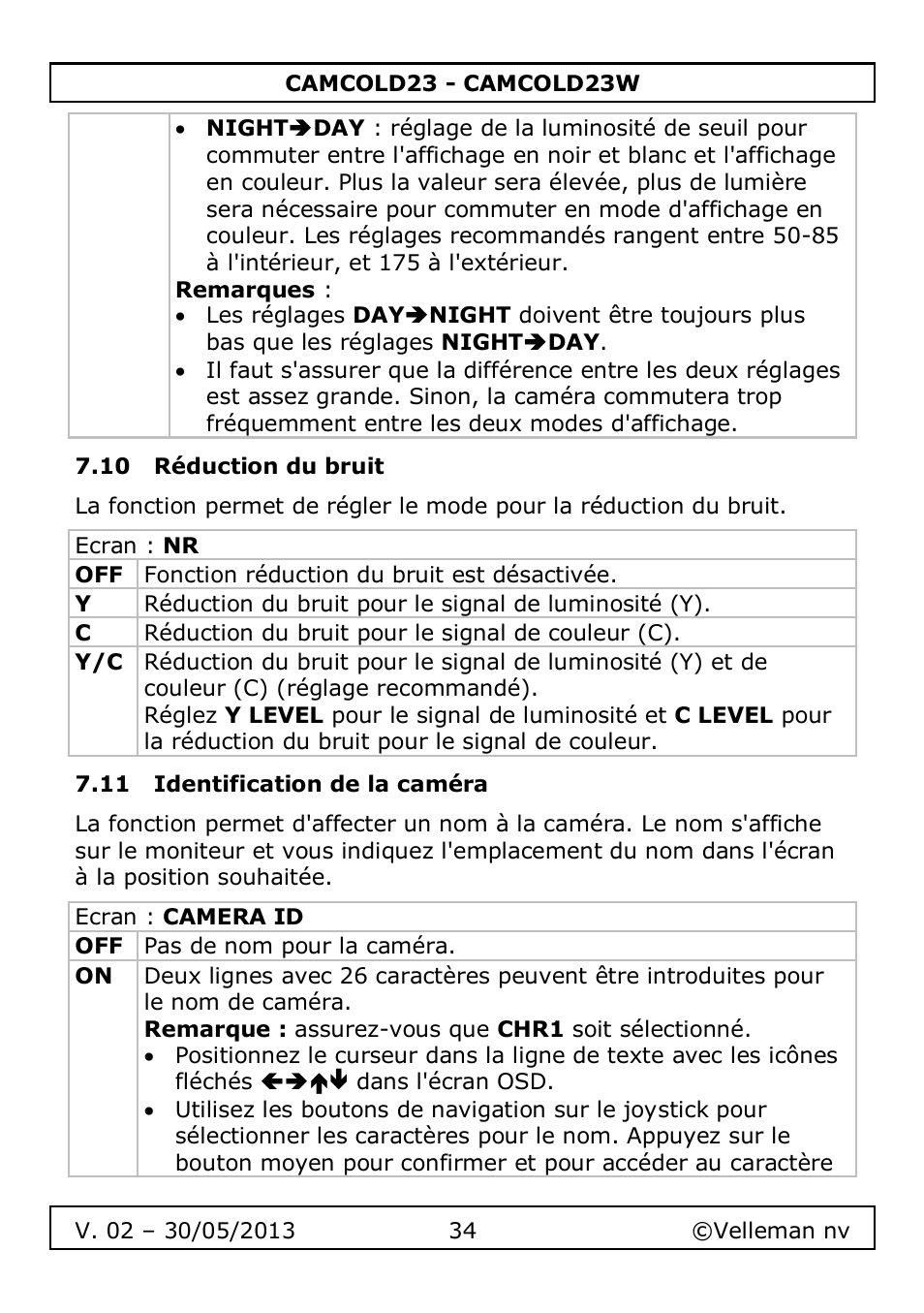 10 réduction du bruit, 11 identification de la caméra | Velleman CAMCOLD23 User Manual | Page 34 / 64