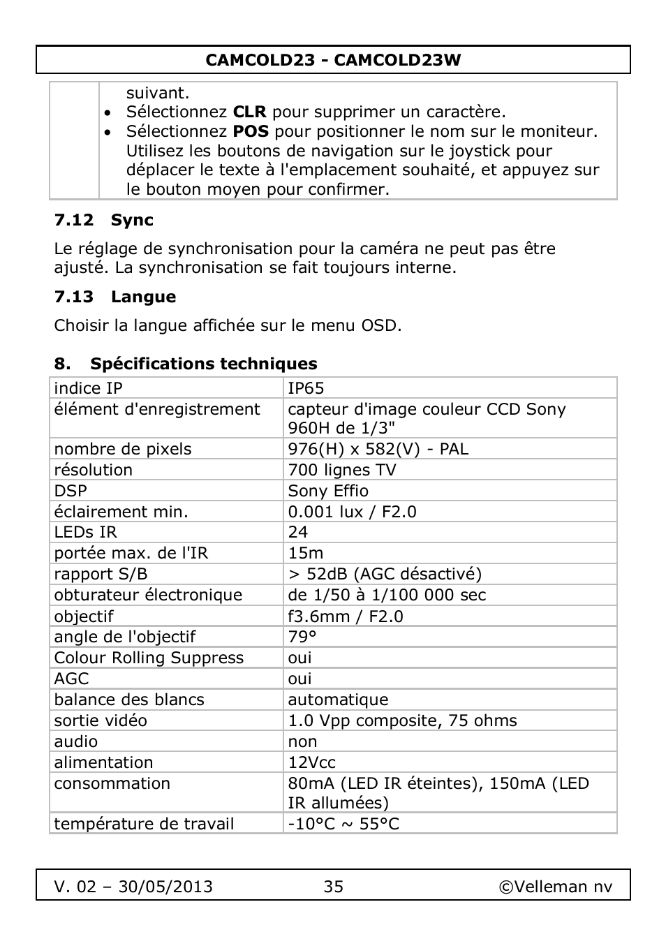 12 sync, 13 langue, Spécifications techniques | Velleman CAMCOLD23 User Manual | Page 35 / 64