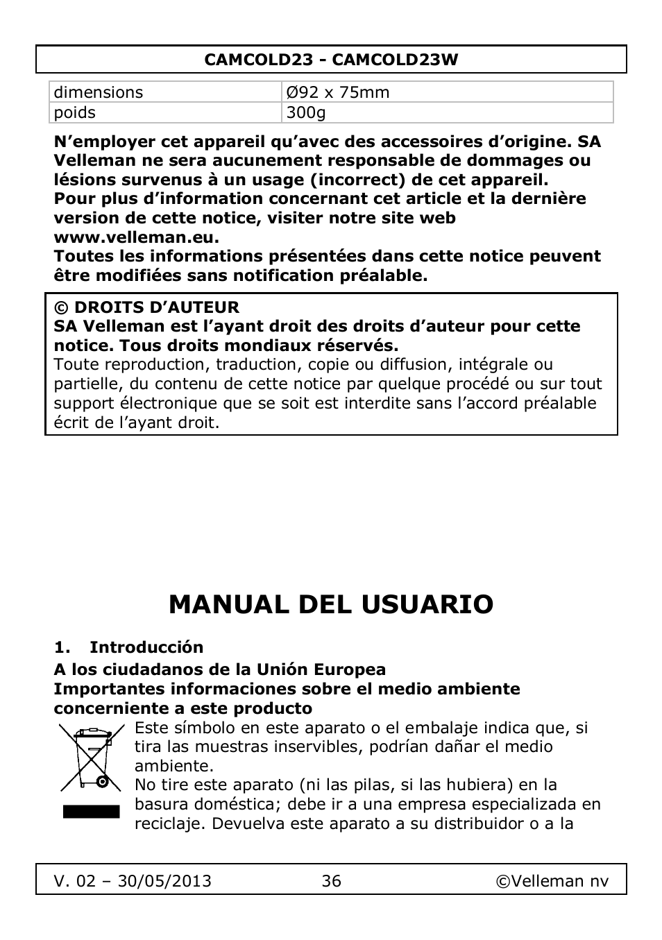 Manual del usuario, Introducción | Velleman CAMCOLD23 User Manual | Page 36 / 64