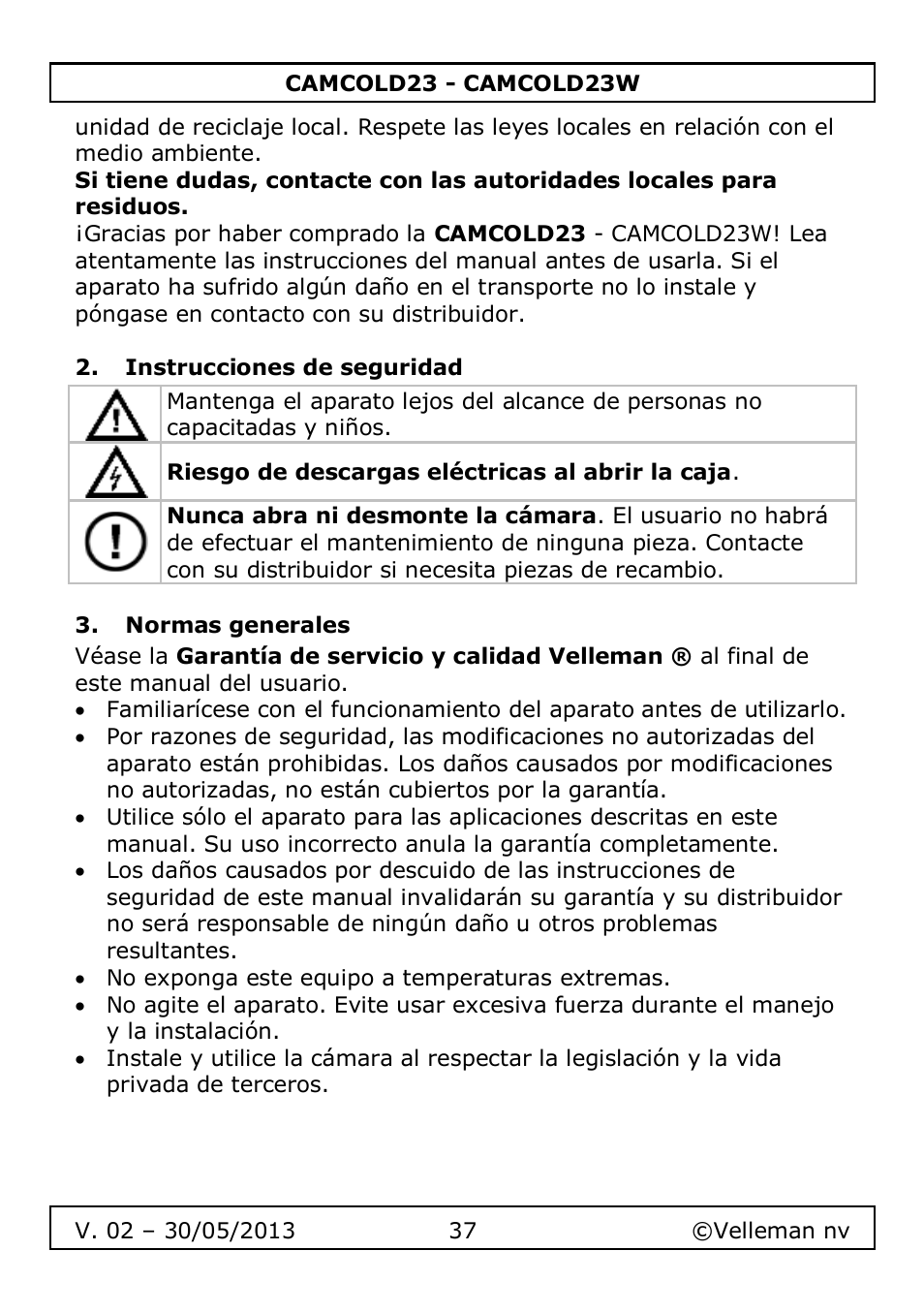 Instrucciones de seguridad, Normas generales | Velleman CAMCOLD23 User Manual | Page 37 / 64