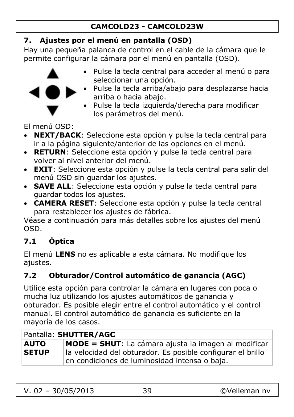 Ajustes por el menú en pantalla (osd), 1 óptica, 2 obturador/control automático de ganancia (agc) | Velleman CAMCOLD23 User Manual | Page 39 / 64