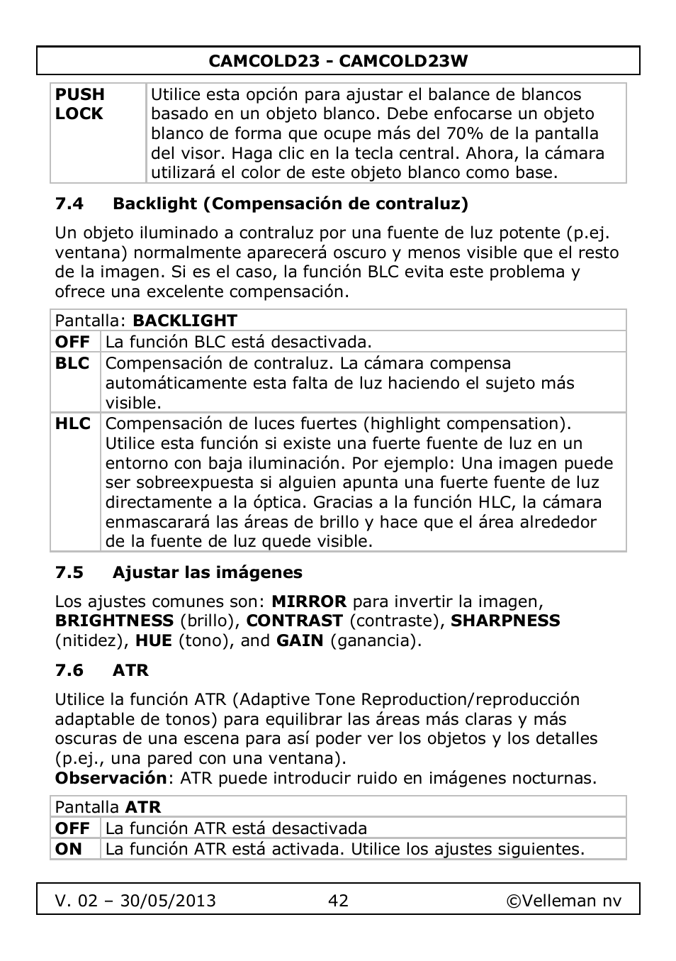 4 backlight (compensación de contraluz), 5 ajustar las imágenes, 6 atr | Velleman CAMCOLD23 User Manual | Page 42 / 64