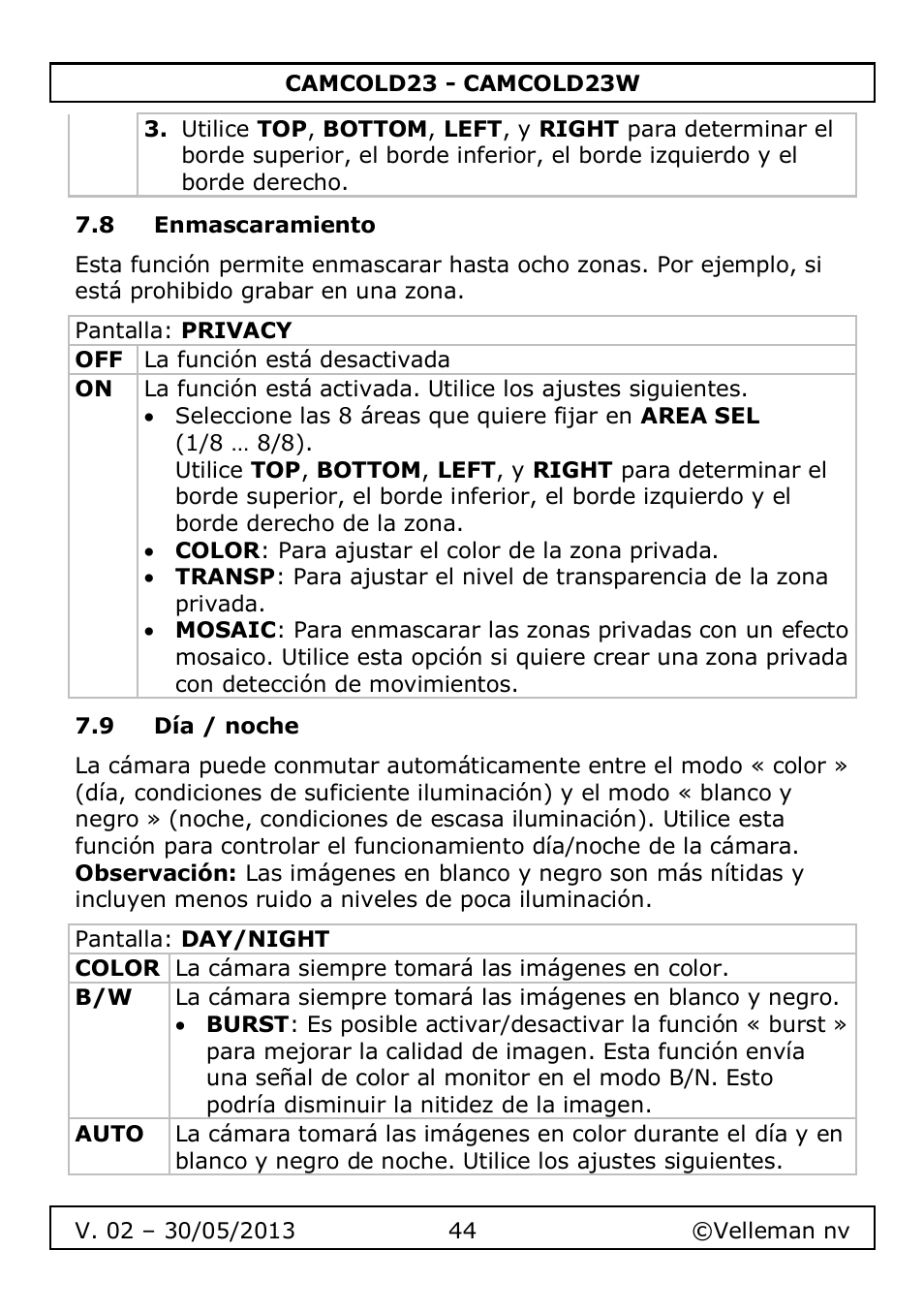 8 enmascaramiento, 9 día / noche | Velleman CAMCOLD23 User Manual | Page 44 / 64