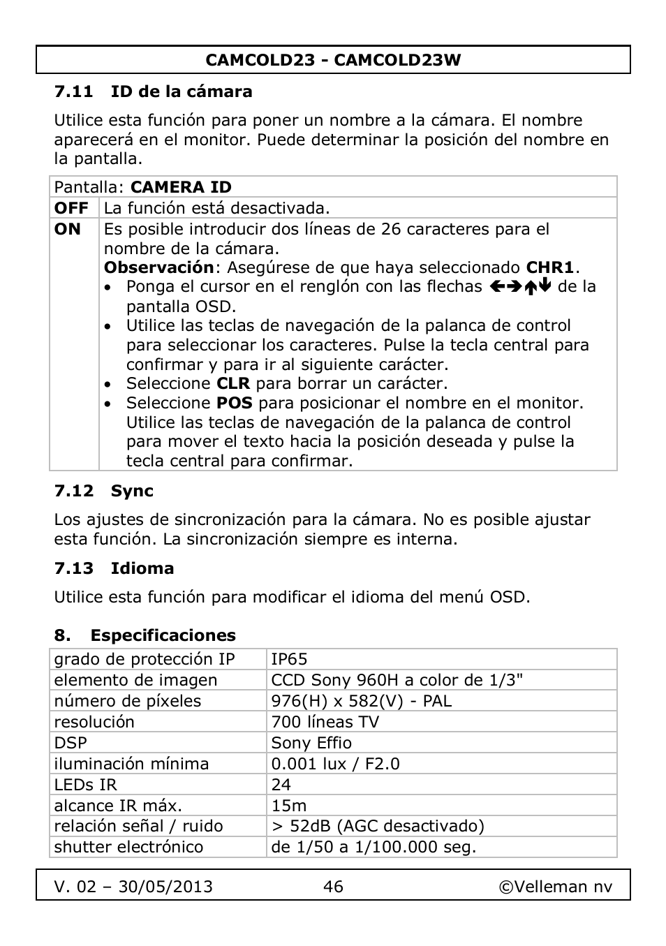 11 id de la cámara, 12 sync, 13 idioma | Especificaciones | Velleman CAMCOLD23 User Manual | Page 46 / 64