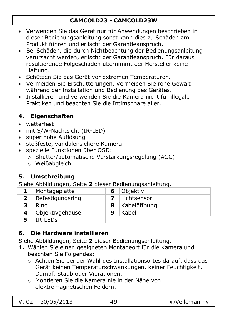 Eigenschaften, Umschreibung, Die hardware installieren | Velleman CAMCOLD23 User Manual | Page 49 / 64