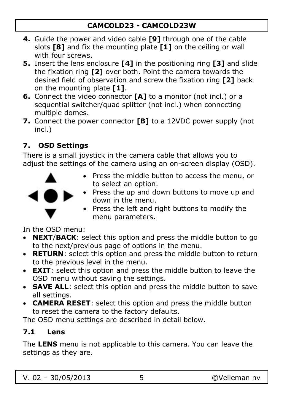 Osd settings, 1 lens | Velleman CAMCOLD23 User Manual | Page 5 / 64