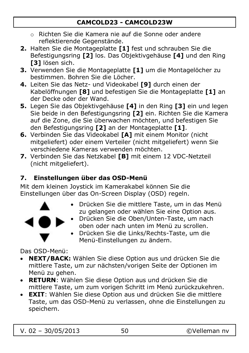 Einstellungen über das osd-menü | Velleman CAMCOLD23 User Manual | Page 50 / 64