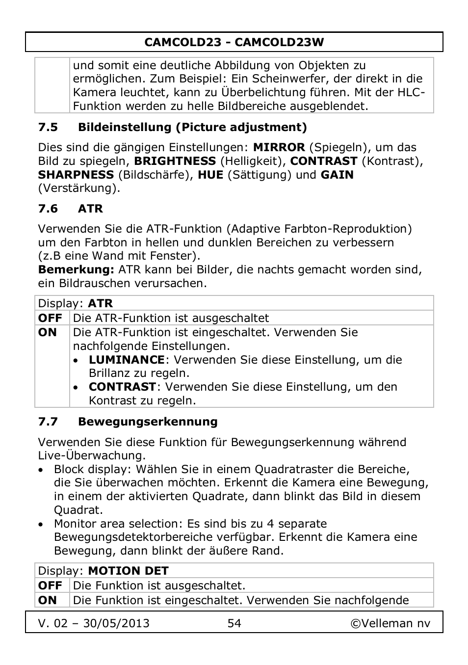 5 bildeinstellung (picture adjustment), 6 atr, 7 bewegungserkennung | Velleman CAMCOLD23 User Manual | Page 54 / 64