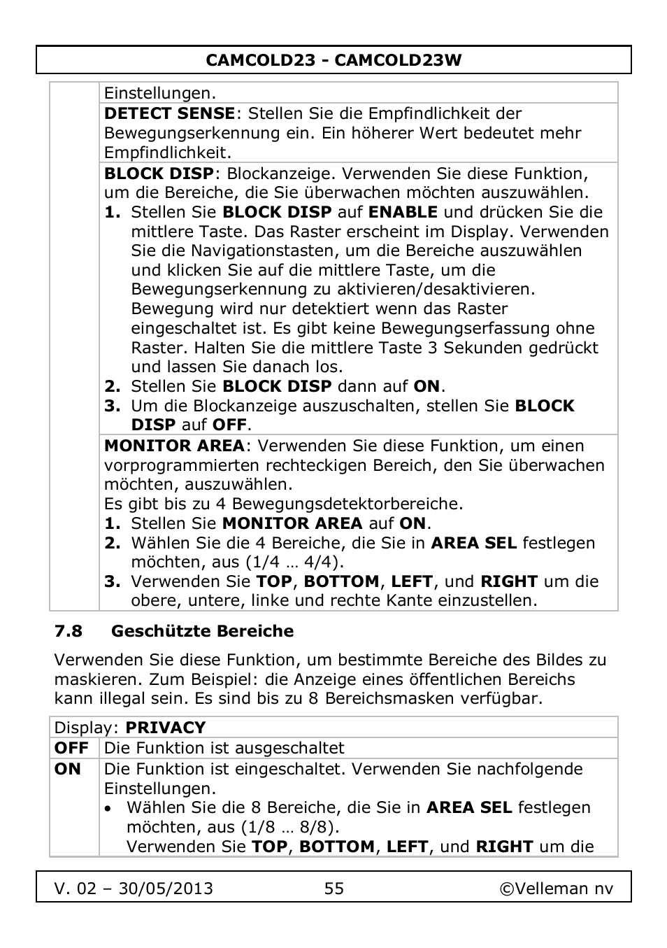 8 geschützte bereiche | Velleman CAMCOLD23 User Manual | Page 55 / 64