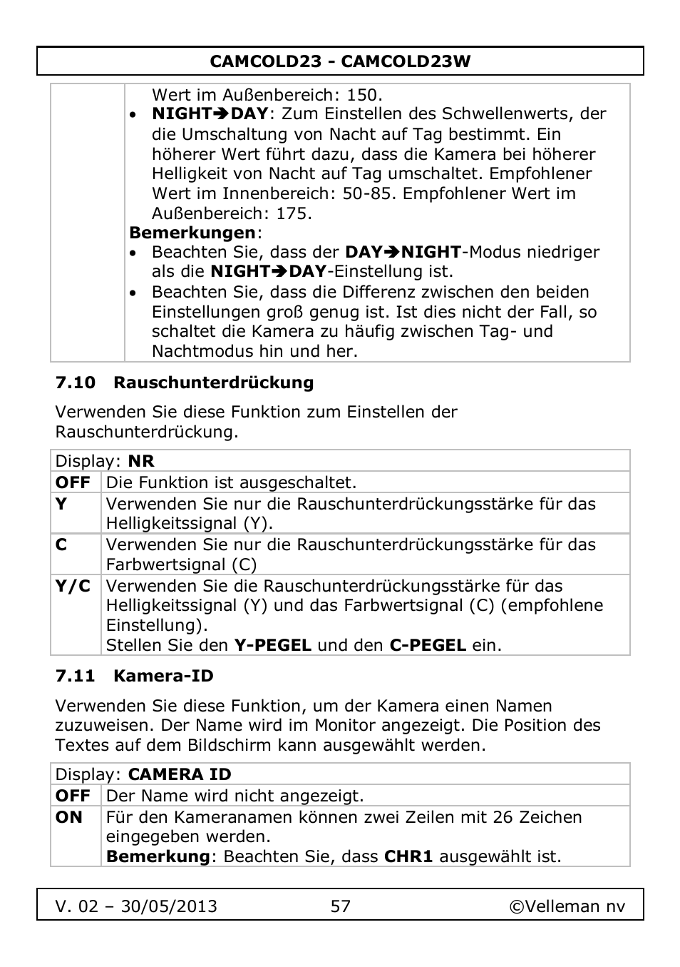 10 rauschunterdrückung, 11 kamera-id | Velleman CAMCOLD23 User Manual | Page 57 / 64