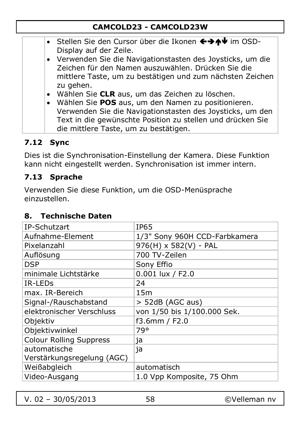 12 sync, 13 sprache, Technische daten | Velleman CAMCOLD23 User Manual | Page 58 / 64