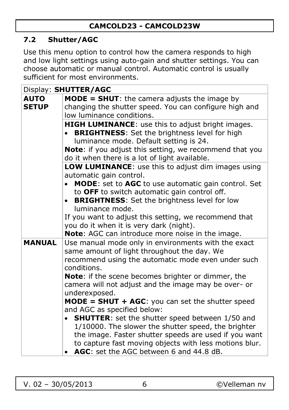 2 shutter/agc | Velleman CAMCOLD23 User Manual | Page 6 / 64