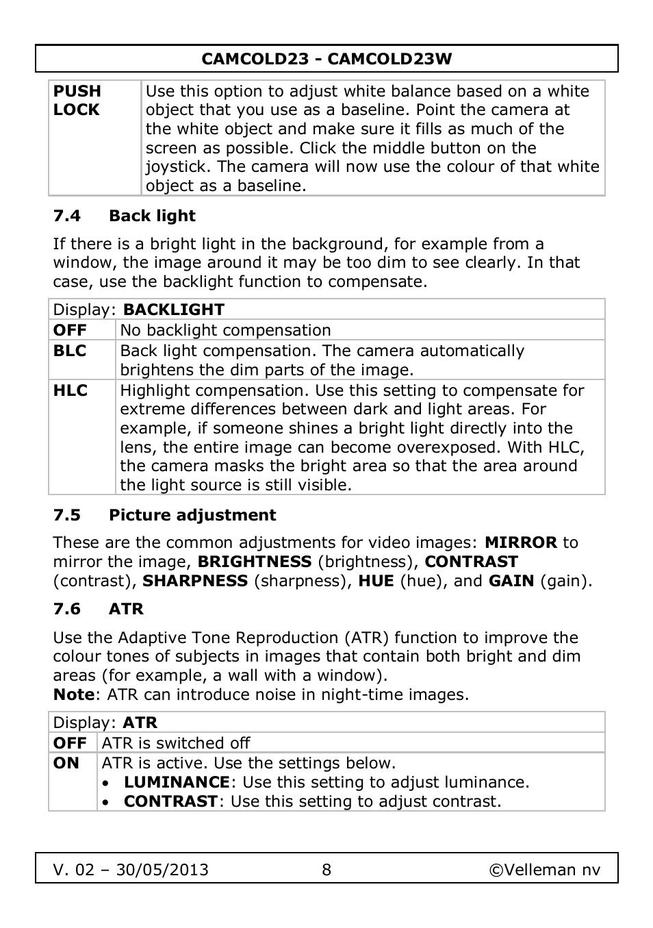 4 back light, 5 picture adjustment, 6 atr | Velleman CAMCOLD23 User Manual | Page 8 / 64