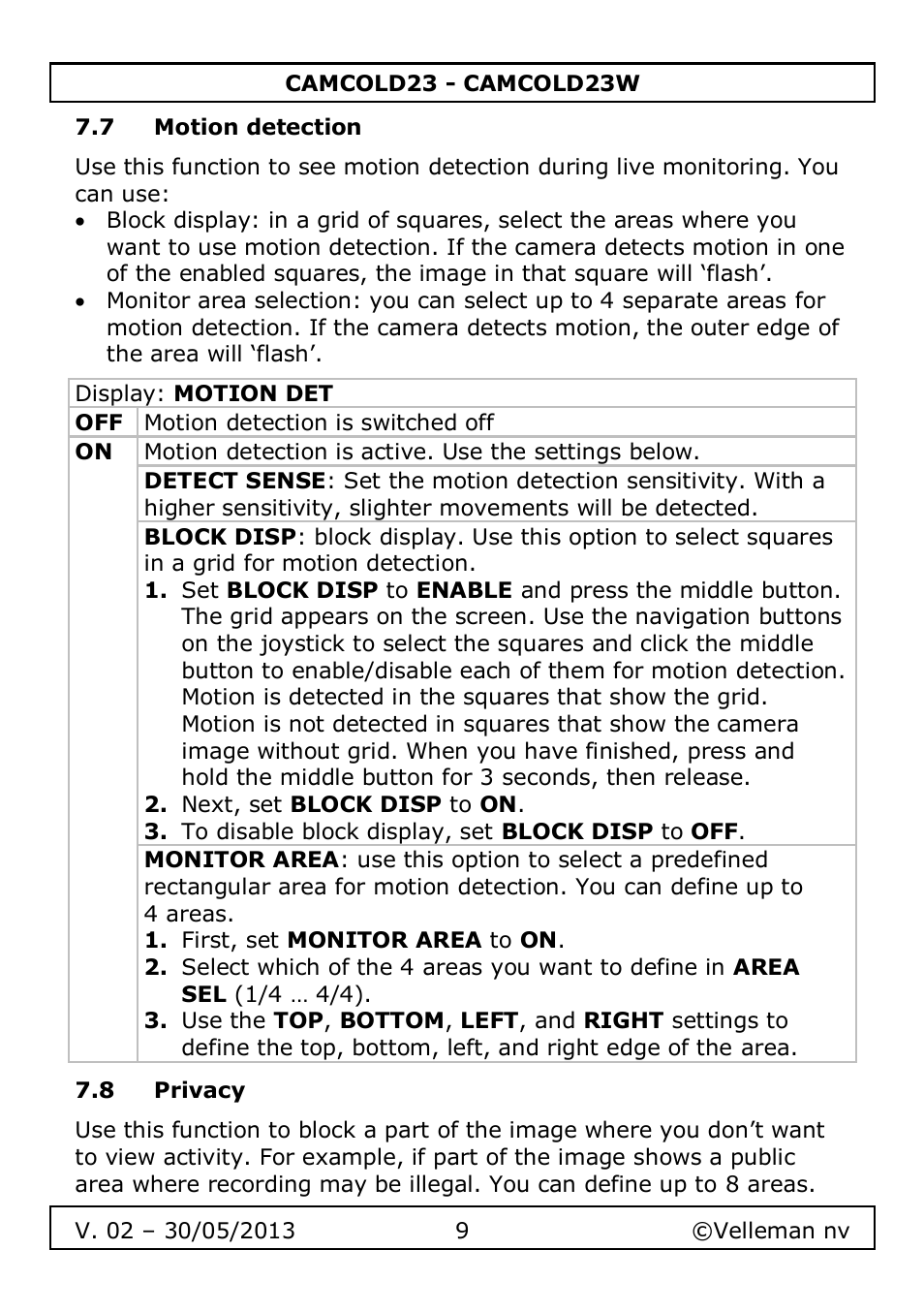 7 motion detection, 8 privacy | Velleman CAMCOLD23 User Manual | Page 9 / 64