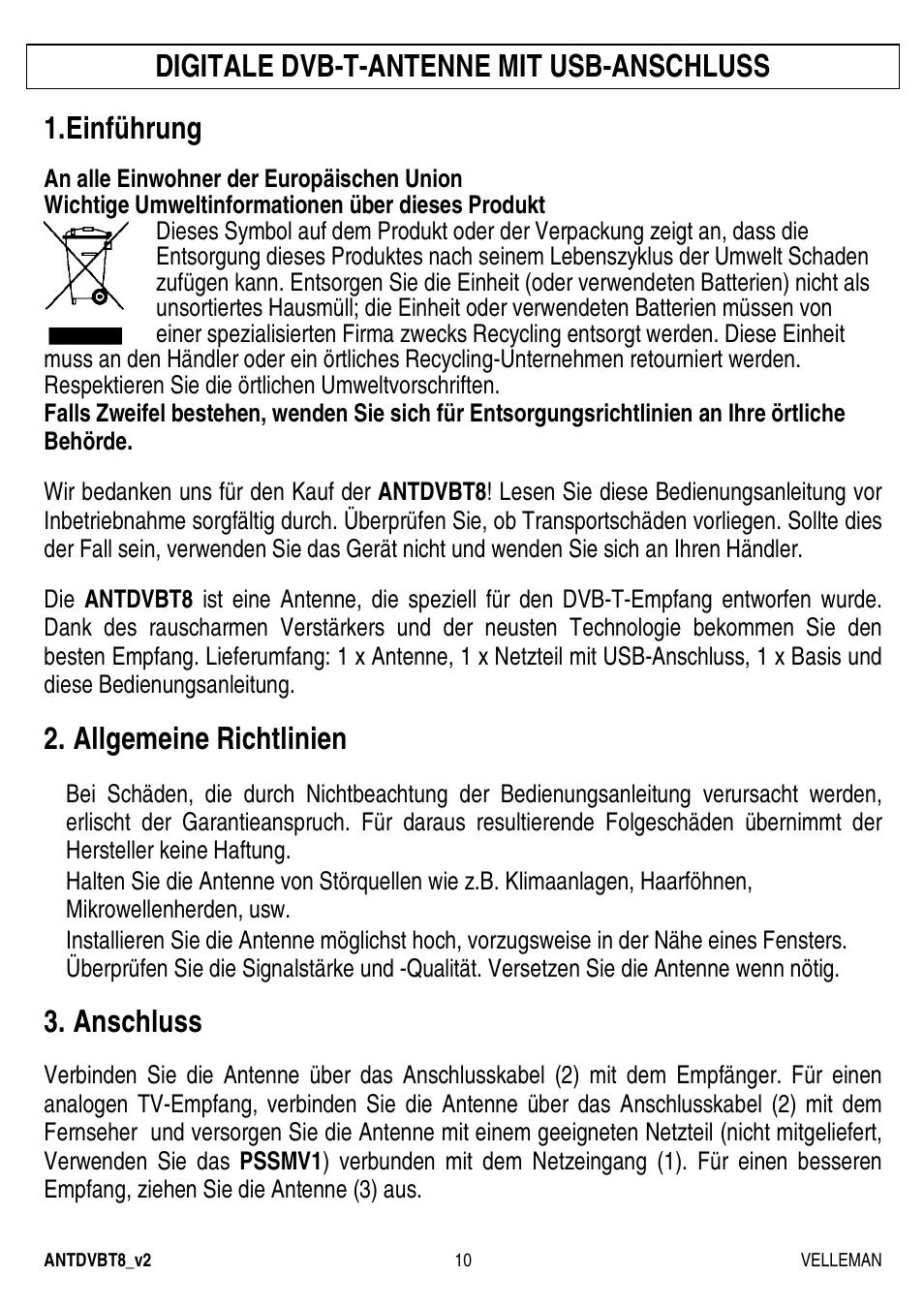 Digitale dvb-t-antenne mit usb-anschluss, Einführung, Allgemeine richtlinien | Anschluss | Velleman ANTDVBT8 User Manual | Page 10 / 12