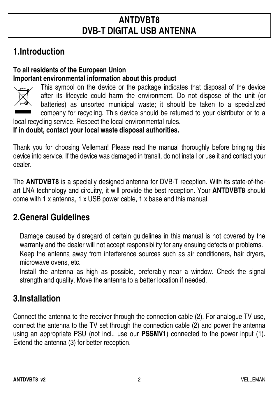 Antdvbt8 dvb-t digital usb antenna, Introduction, General guidelines | Installation | Velleman ANTDVBT8 User Manual | Page 2 / 12