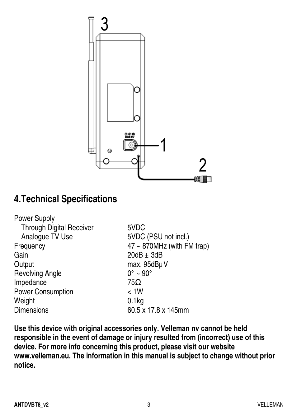 Technical specifications | Velleman ANTDVBT8 User Manual | Page 3 / 12