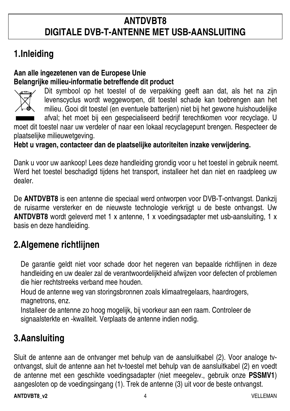 Inleiding, Algemene richtlijnen, Aansluiting | Velleman ANTDVBT8 User Manual | Page 4 / 12