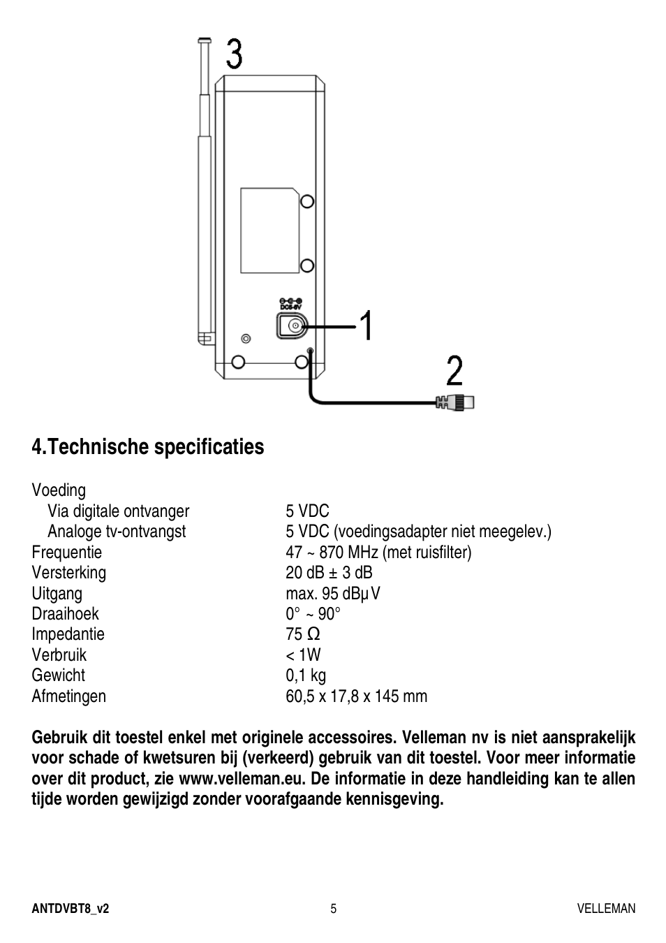 Technische specificaties | Velleman ANTDVBT8 User Manual | Page 5 / 12