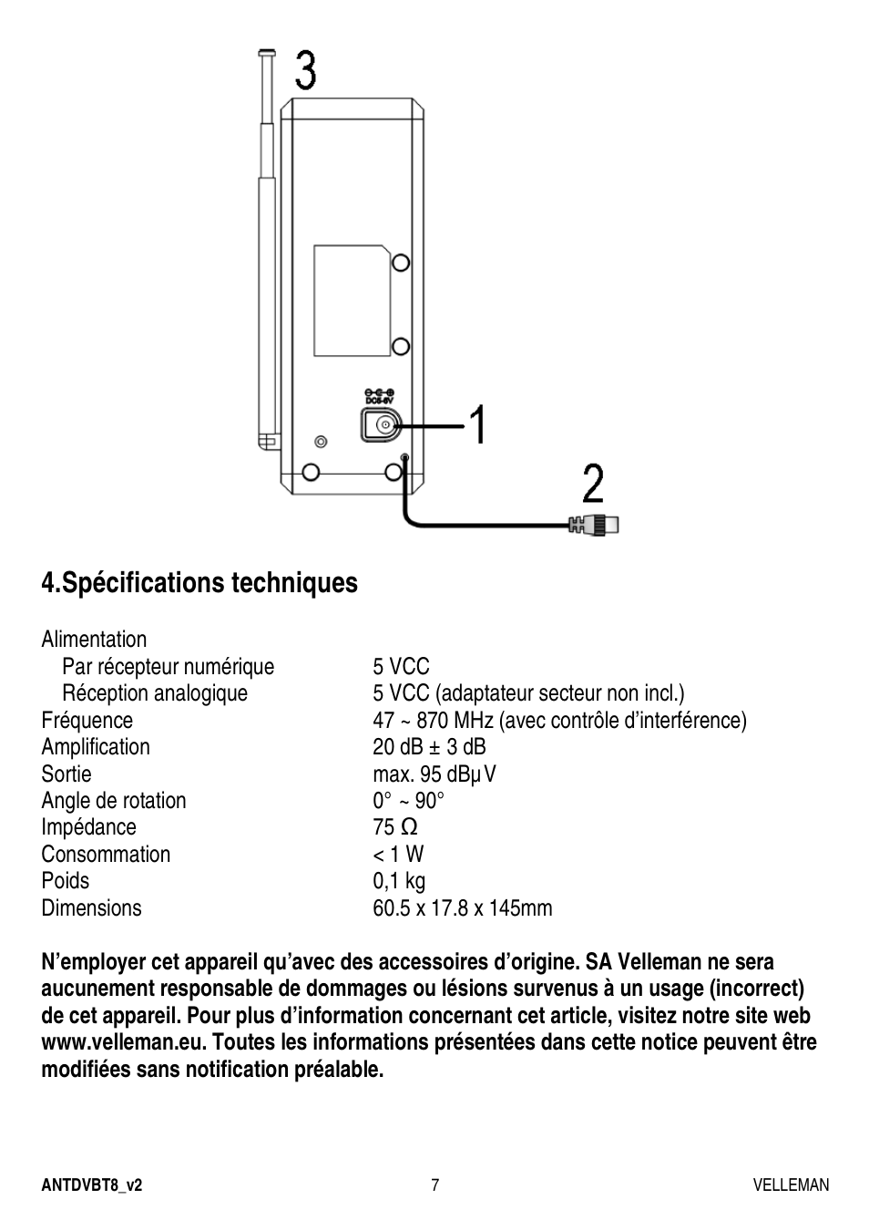 Spécifications techniques | Velleman ANTDVBT8 User Manual | Page 7 / 12