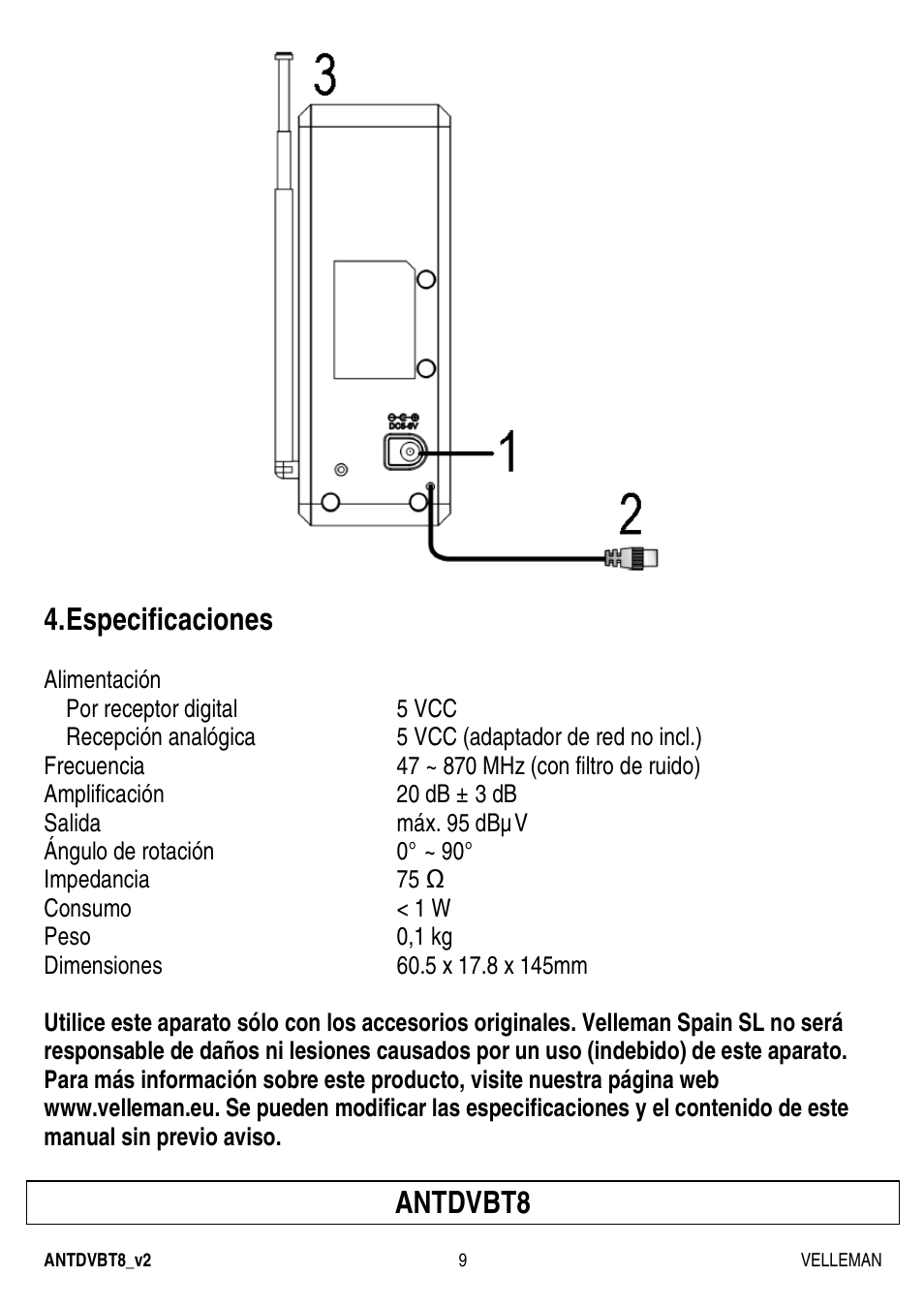 Especificaciones, Antdvbt8 | Velleman ANTDVBT8 User Manual | Page 9 / 12