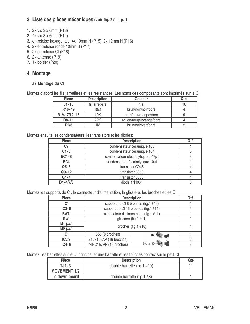 Liste des pièces mécaniques, Montage | Velleman KSR5 User Manual | Page 12 / 21