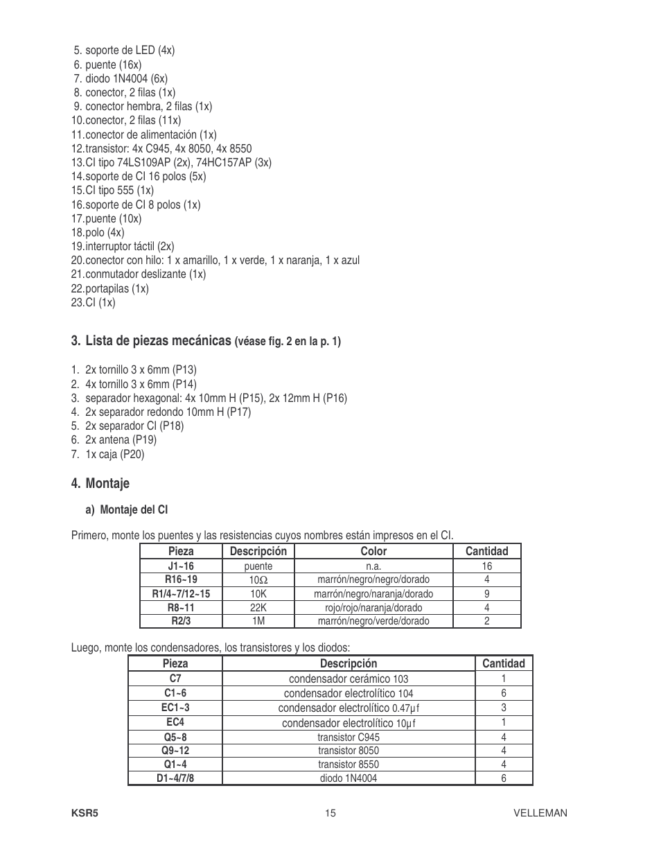 Lista de piezas mecánicas, Montaje | Velleman KSR5 User Manual | Page 15 / 21