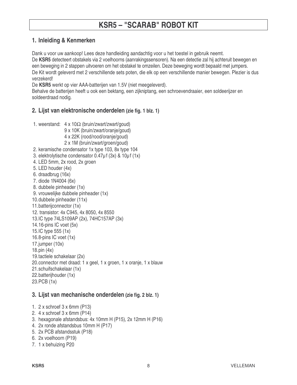 Ksr5 – "scarab" robot kit | Velleman KSR5 User Manual | Page 8 / 21