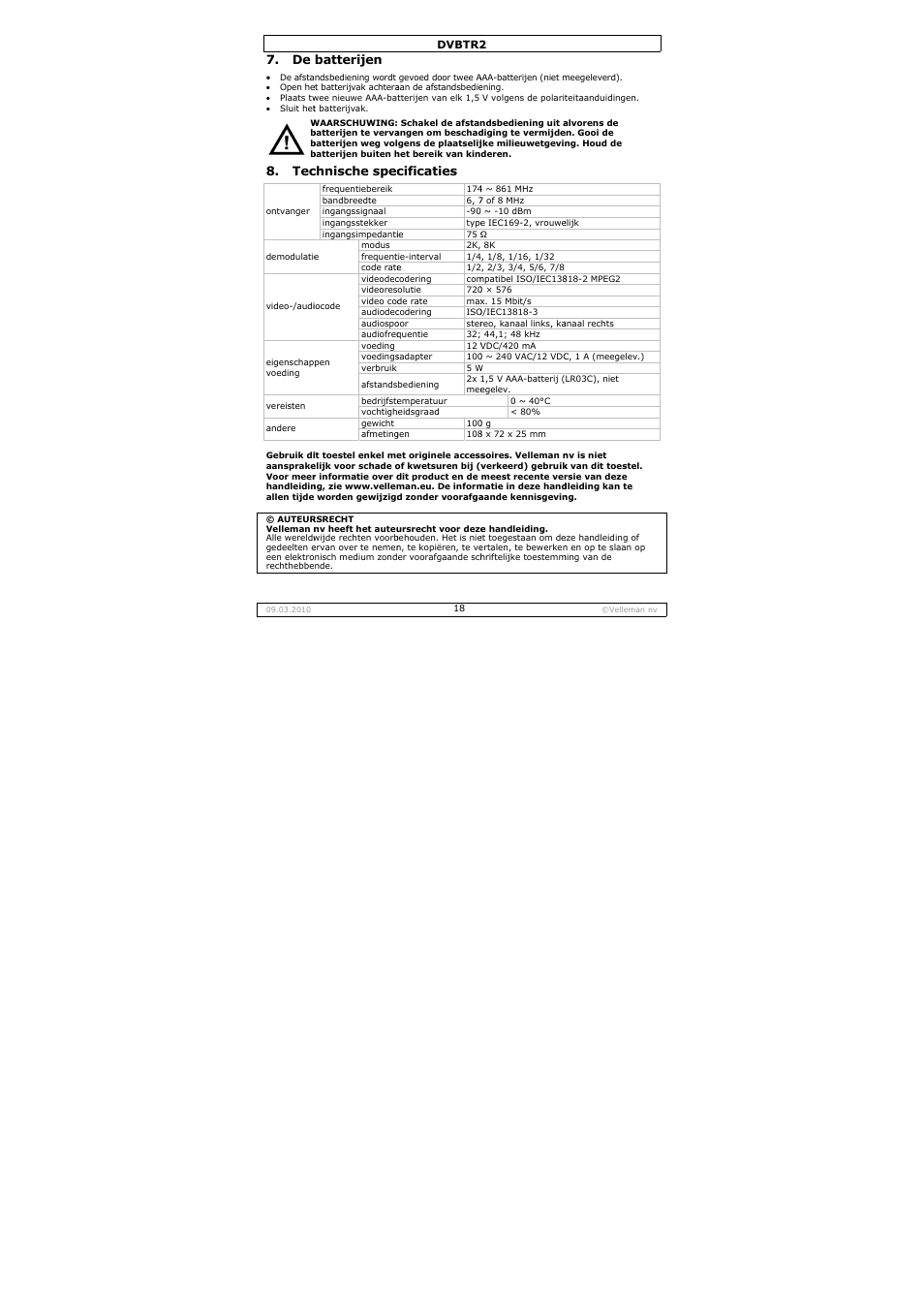Batterijen, Chnische spec, Cificaties | Velleman DVBTR2 User Manual | Page 18 / 45