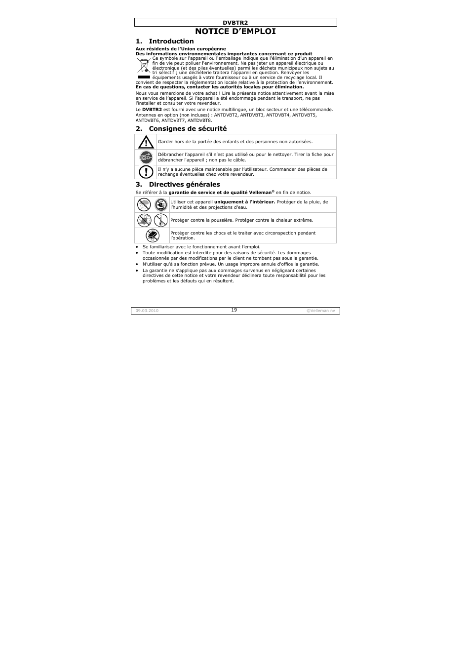 Otice d’e, Emploi, Dire | Roduction, Nsignes de sé, Ectives géné, Écurité, Érales | Velleman DVBTR2 User Manual | Page 19 / 45