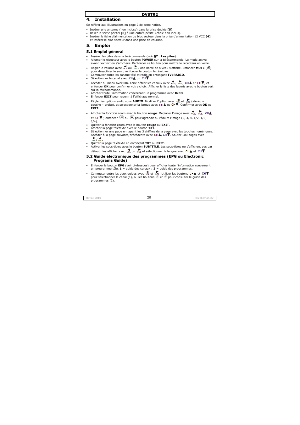 Installation, Emploi | Velleman DVBTR2 User Manual | Page 20 / 45