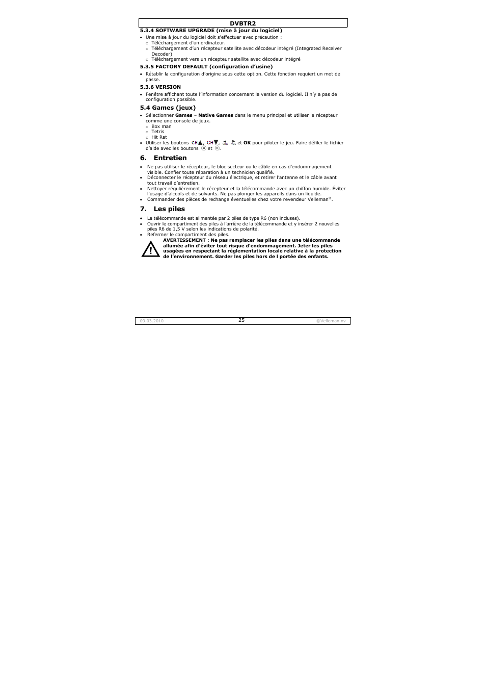 Tretien, S piles | Velleman DVBTR2 User Manual | Page 25 / 45