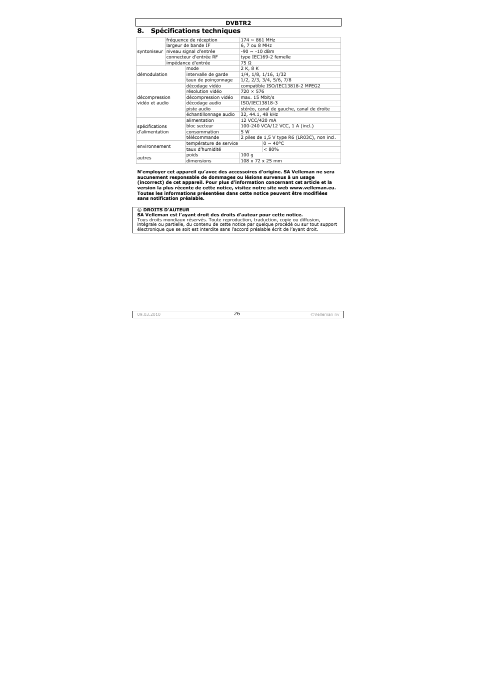 Spécifications techniques | Velleman DVBTR2 User Manual | Page 26 / 45