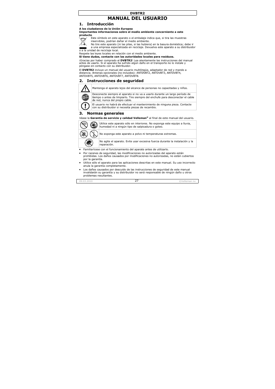 Nual del, Usuario, Roducción | Strucciones d, Rmas genera, De seguridad | Velleman DVBTR2 User Manual | Page 27 / 45