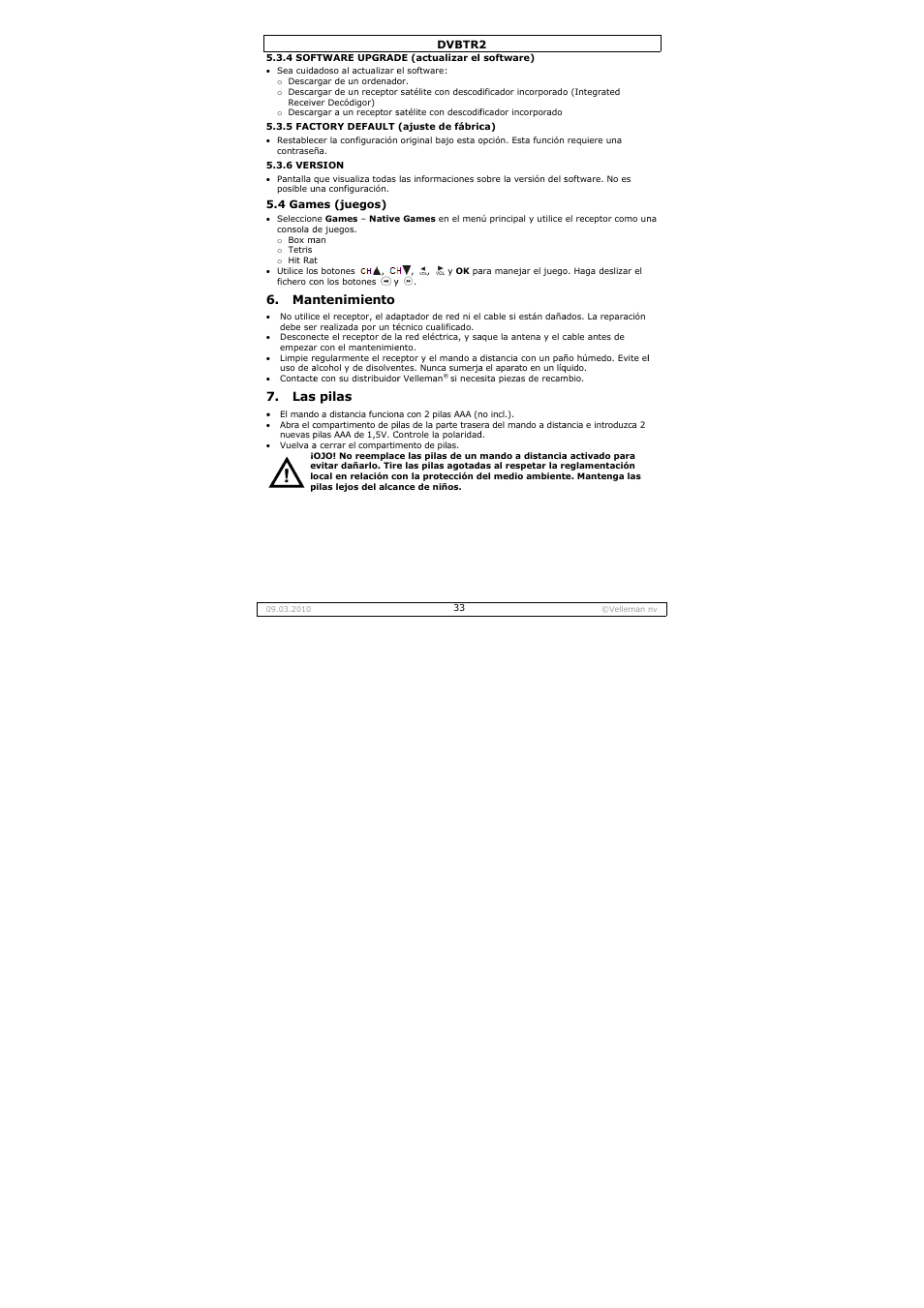 Ntenimiento, S pilas | Velleman DVBTR2 User Manual | Page 33 / 45