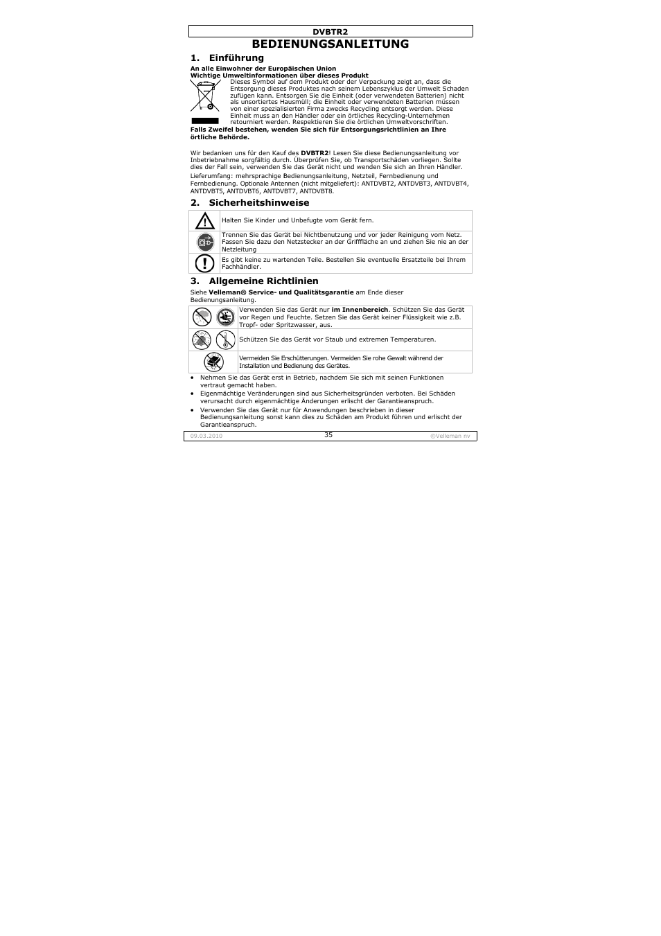 Bedie, Enungsa, Nleitung | Einf, Sich, Allg, Führung, Herheitshinw, Gemeine rich, Weise | Velleman DVBTR2 User Manual | Page 35 / 45