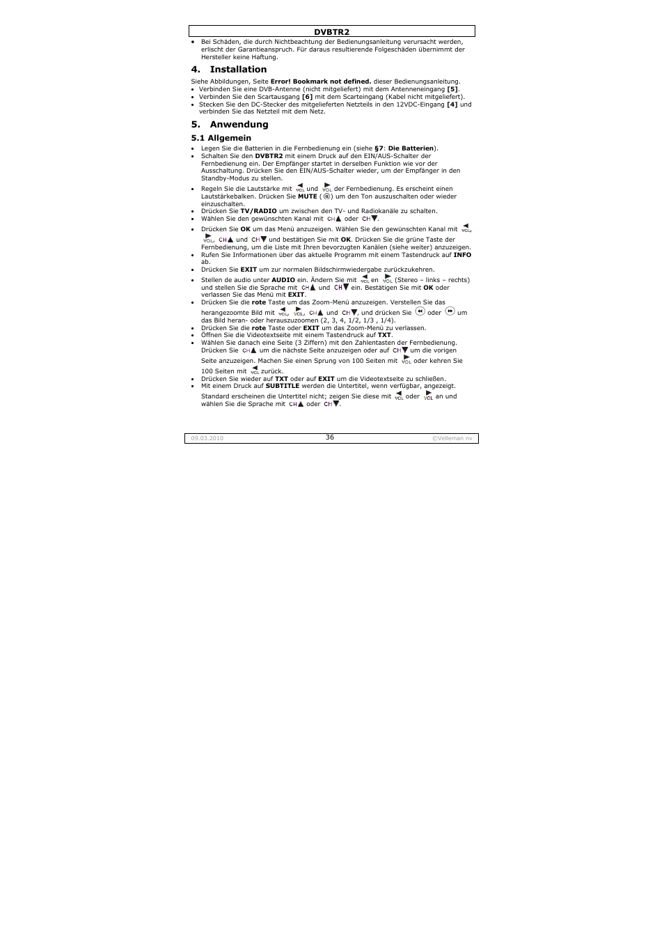 Installation, Anwendung | Velleman DVBTR2 User Manual | Page 36 / 45