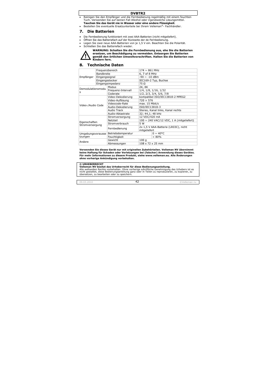 E batterien, Chnische date | Velleman DVBTR2 User Manual | Page 42 / 45