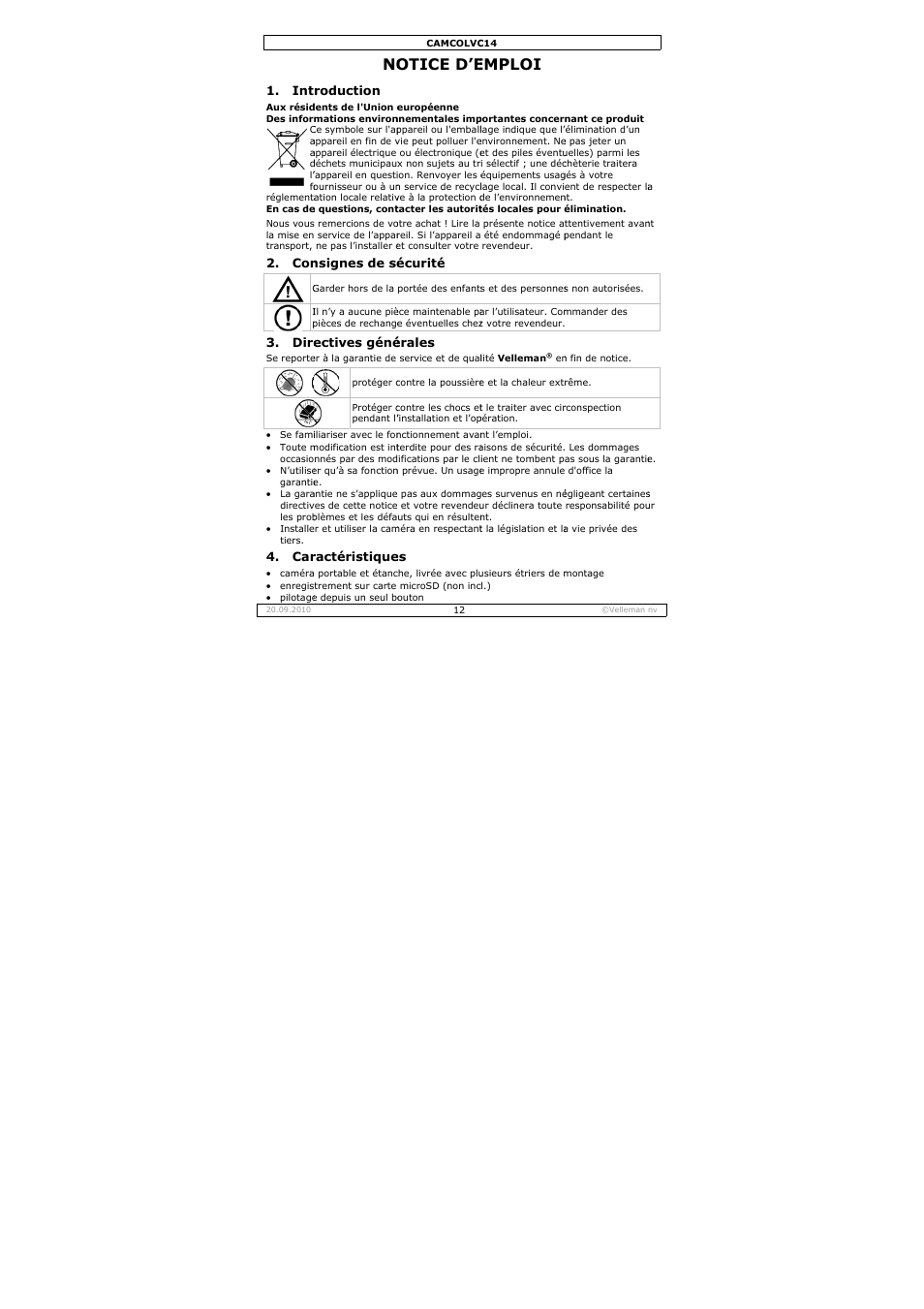 Otice d’e, Emploi | Velleman CAMCOLVC14 User Manual | Page 12 / 27