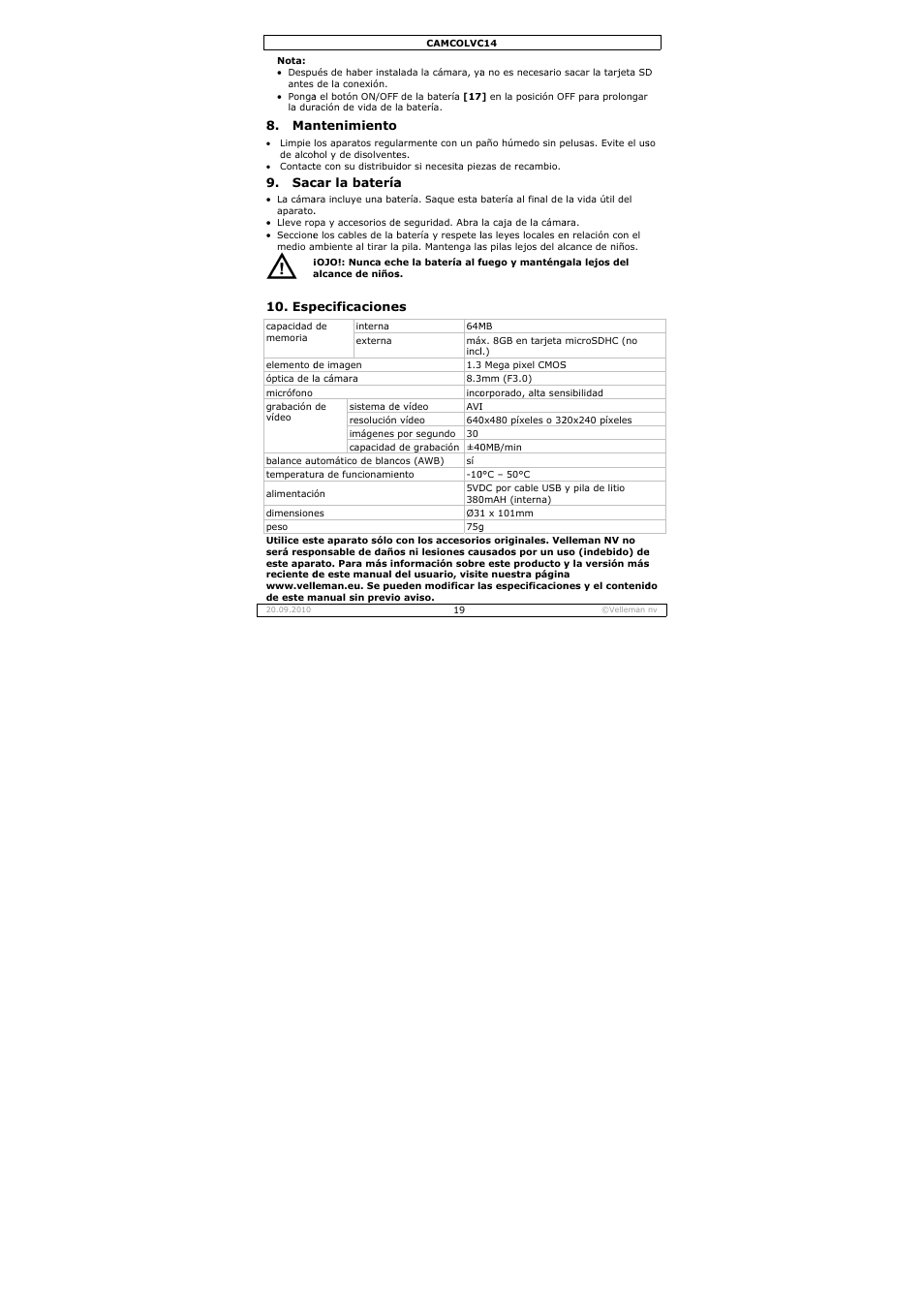 Velleman CAMCOLVC14 User Manual | Page 19 / 27