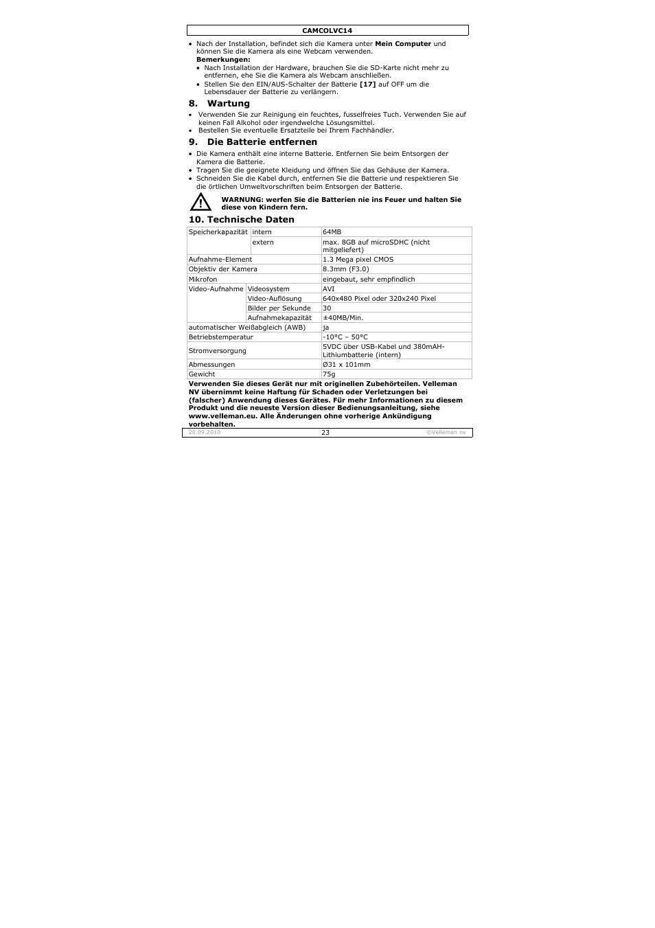 Velleman CAMCOLVC14 User Manual | Page 23 / 27