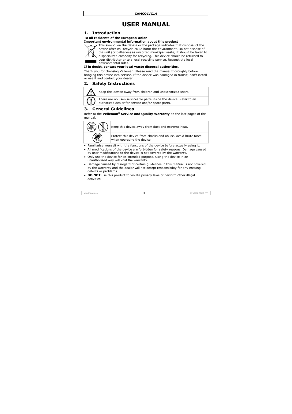 User ma, Nual | Velleman CAMCOLVC14 User Manual | Page 4 / 27