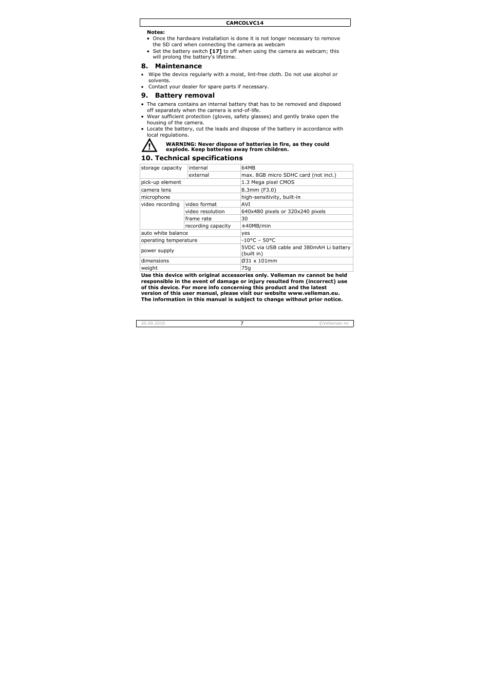 Velleman CAMCOLVC14 User Manual | Page 7 / 27