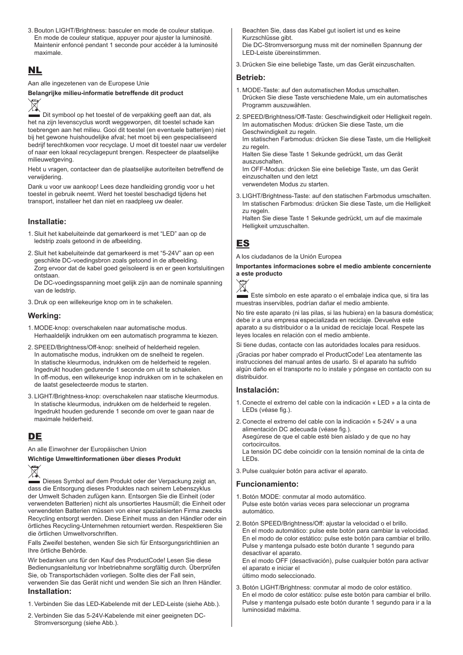 Installatie, Werking, Installation | Betrieb, Instalación, Funcionamiento | Velleman CHLSC3 User Manual | Page 2 / 4