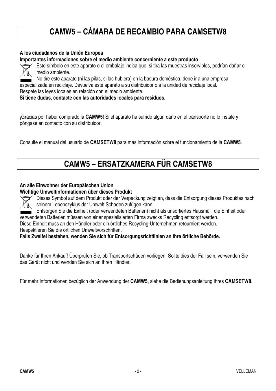 Camw5 – cámara de recambio para camsetw8, Camw5 – ersatzkamera für camsetw8 | Velleman CAMW5-CH1 User Manual | Page 2 / 4